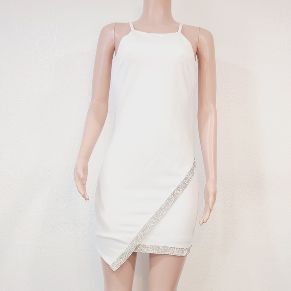 BCX Asymmetrical-Hem Rhinestone Dress White Sz M